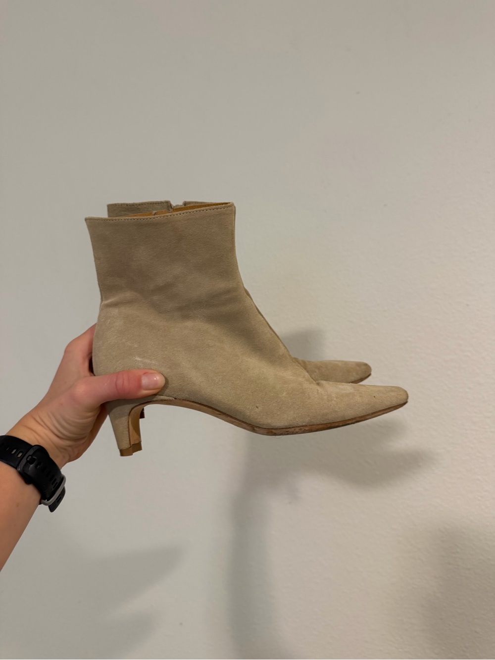 STAUD Cream Pointed Kitten Heel Ankle Boots